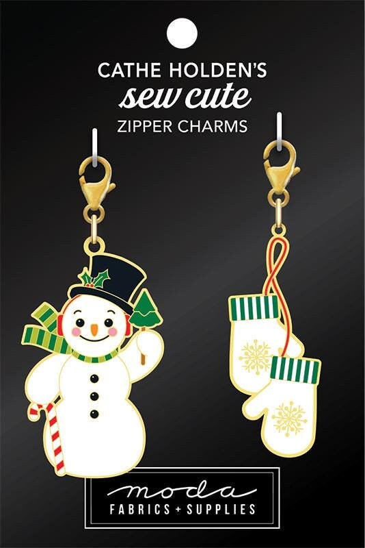 Sew Cute - Snowman Mittens Christmas Zipper Charm Pull, Cathe Holden CH175, Sewing Quilting Notions, Gold Metal and Enamel Zipper Pull Charm