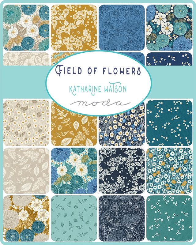 Field of Flowers Charm Pack, Moda 3310PP, Blue Yellow Teal Floral Charm Pack Fabric, 5" Precut Fabric Squares, Katharine Watson