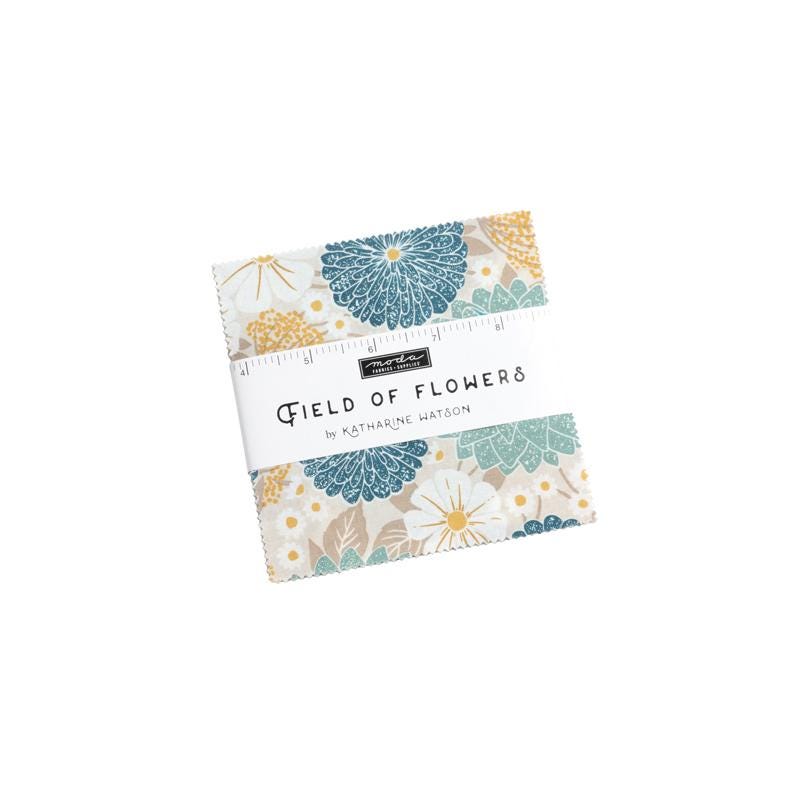 Field of Flowers Charm Pack, Moda 3310PP, Blue Yellow Teal Floral Charm Pack Fabric, 5" Precut Fabric Squares, Katharine Watson