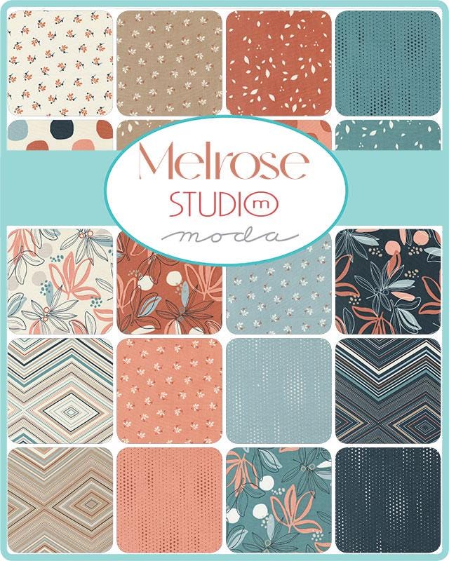 Melrose Charm Pack, Moda 33780PP, Blue Coral Tan Teal Modern Charm Pack Fabric, 5" Precut Fabric Squares, Melrose Studio