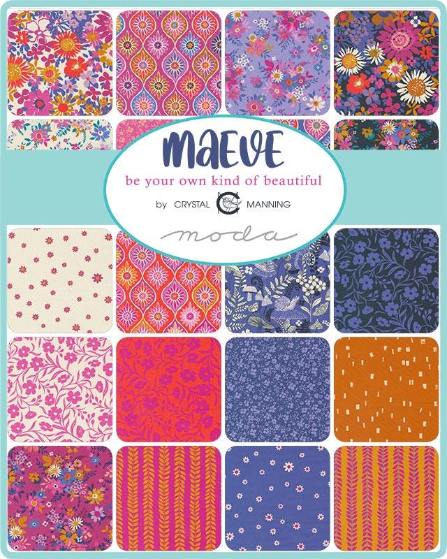 Maeve Charm Pack, Moda 11930PP, Blue Coral Tan Teal Floral Charm Pack Fabric, 5" Precut Fabric Squares, Crystal Manning