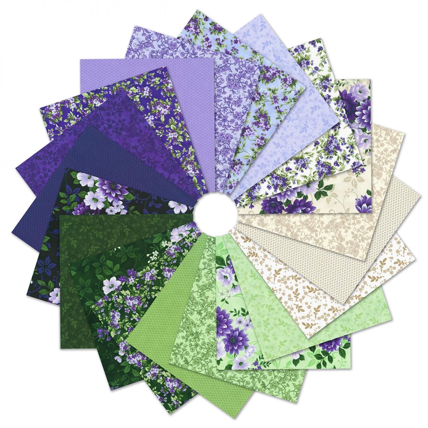 Georgina Charm Squares, Robert Kaufman CHS-1269-42, 5" Precut Purple Green Floral Fabric Squares