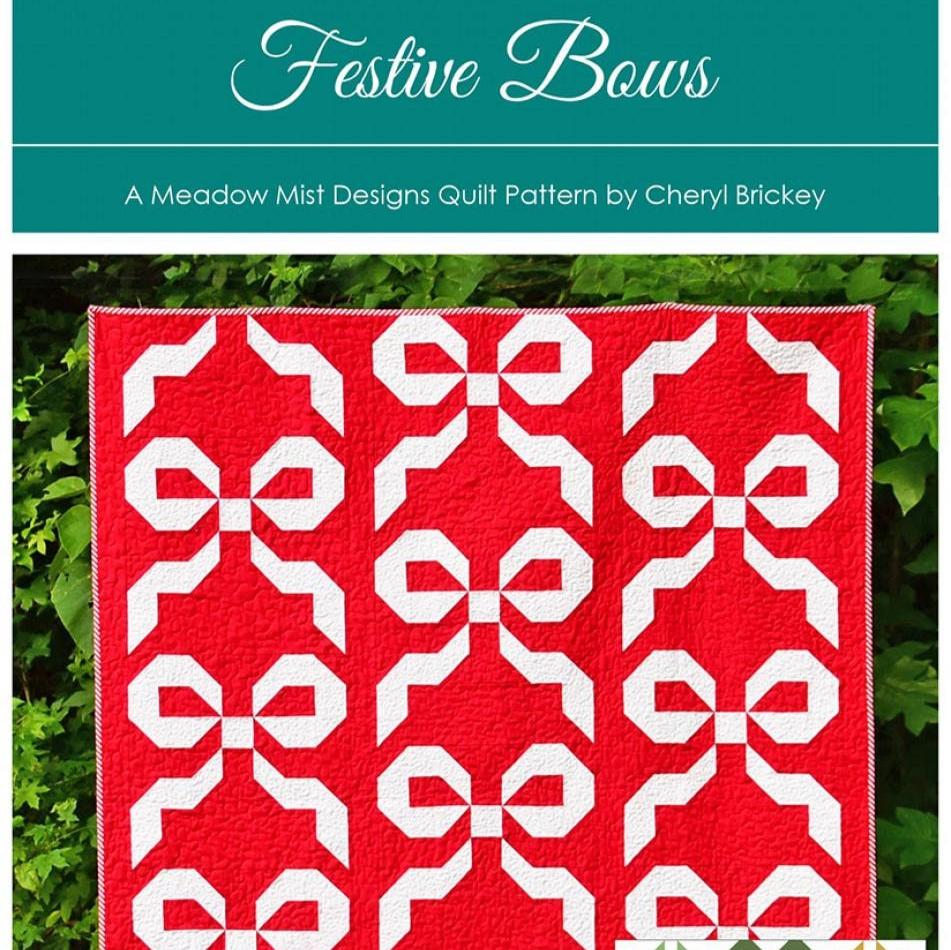 Festive Bows Quilt Pattern, Meadow Mist Designs MMD1130 V1, Fat Quarter FQ Yardage Friendly Christmsas Xmas Bow Throw Queen Quilt Pattern