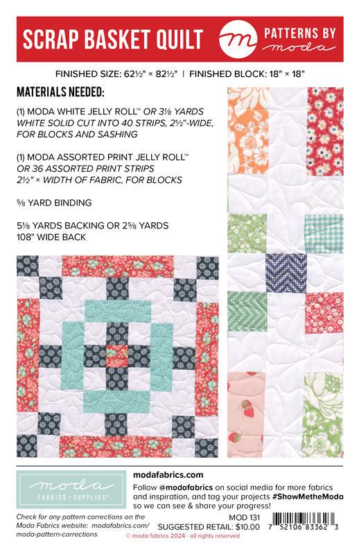 Scrap Basket Quilt Pattern, Moda MOD131, Jelly Roll Friendly Patchwork Throw Quilt Pattern