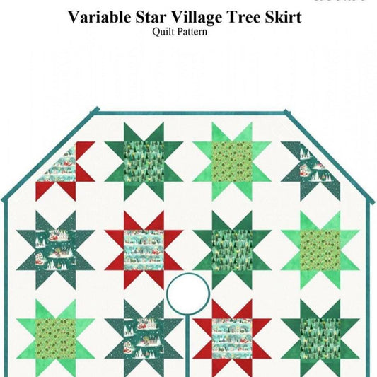 Variable Star Village Tree Skirt Quilt Pattern, Castilleja Cotton CJC54053, Yardage Friendly Stars Xmas Tree Skirt Pattern