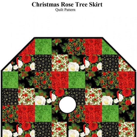 Christmas Rose Tree Skirt Quilt Pattern, Castilleja Cotton CJC46394, Yardage Friendly Patchwork Xmas Tree Skirt Pattern