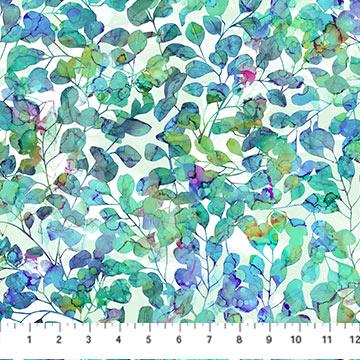 Dragonfly Dance - Teal Leaves on White Fabric, Northcott DP27505-10, Watercolor Leaves Cotton Fabric, By the Yard