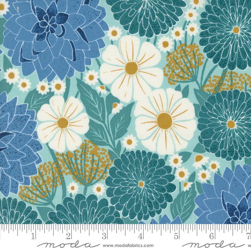 Field of Flowers Charm Pack, Moda 3310PP, Blue Yellow Teal Floral Charm Pack Fabric, 5" Precut Fabric Squares, Katharine Watson