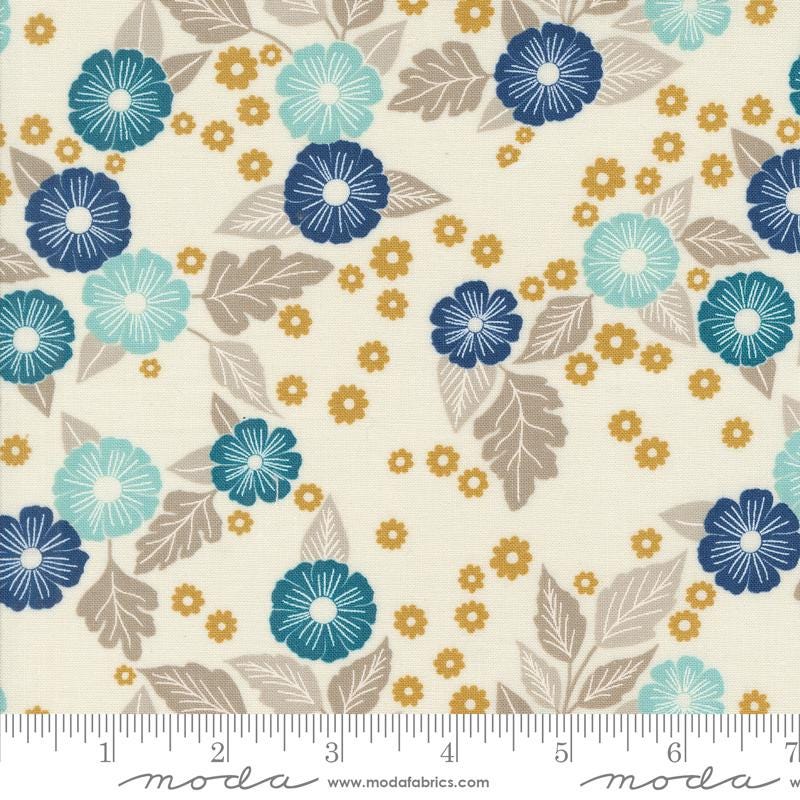 Field of Flowers Charm Pack, Moda 3310PP, Blue Yellow Teal Floral Charm Pack Fabric, 5" Precut Fabric Squares, Katharine Watson