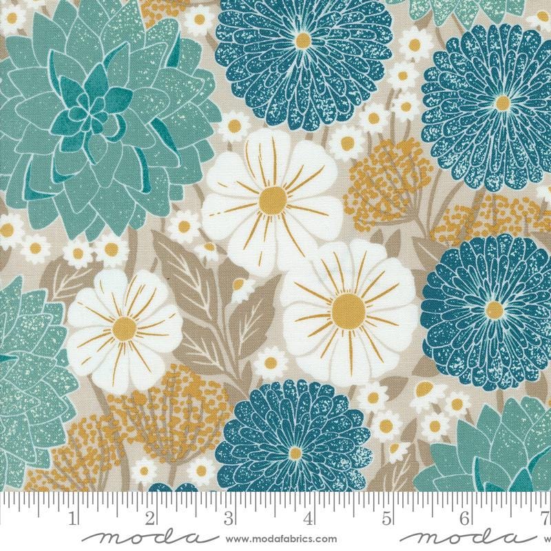 Field of Flowers Charm Pack, Moda 3310PP, Blue Yellow Teal Floral Charm Pack Fabric, 5" Precut Fabric Squares, Katharine Watson