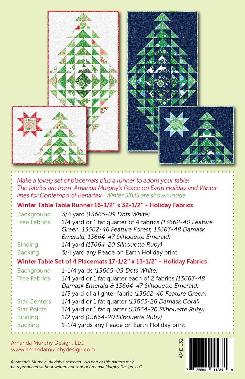 Winter Table Runner and Place Mats Quilt Pattern, Amanda Murphy Designs AMD132, Yardage Friendly Christmas Xmas Tree Star Quilt Pattern