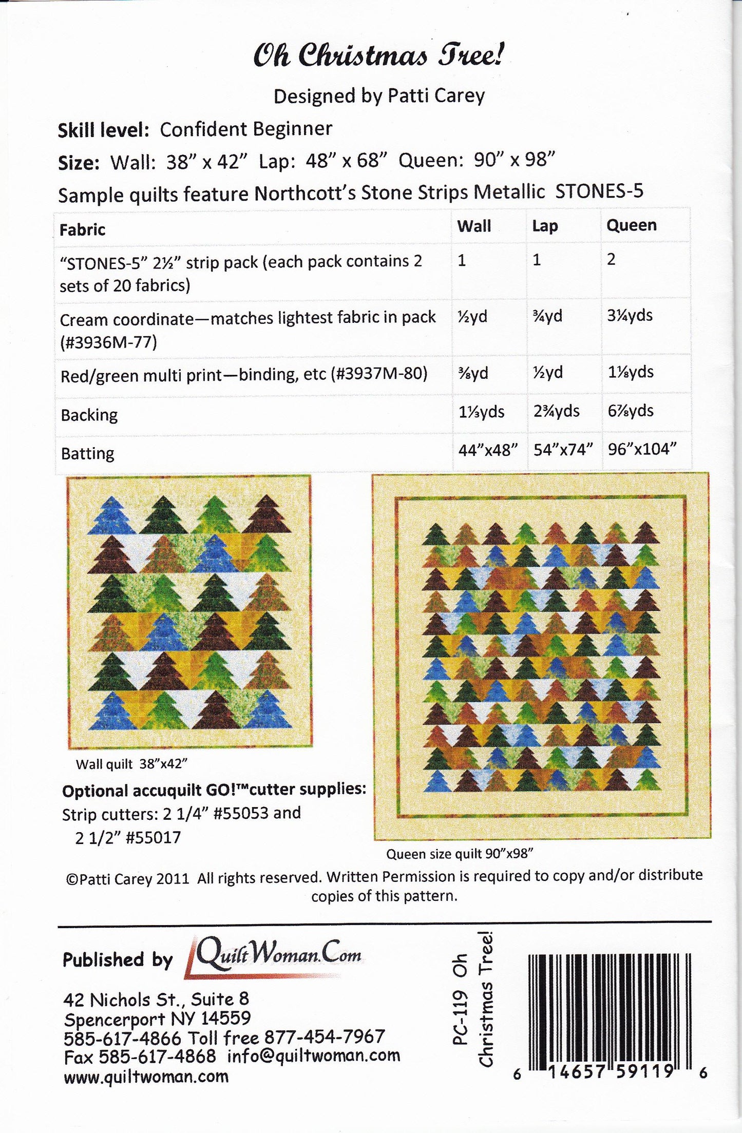 Oh Christmas Tree Quilt Pattern, Patti's Patchwork PC119, Jelly Roll Strip Friendly Xmas Trees Quilt Pattern, Wall Lap Queen Quilt Pattern