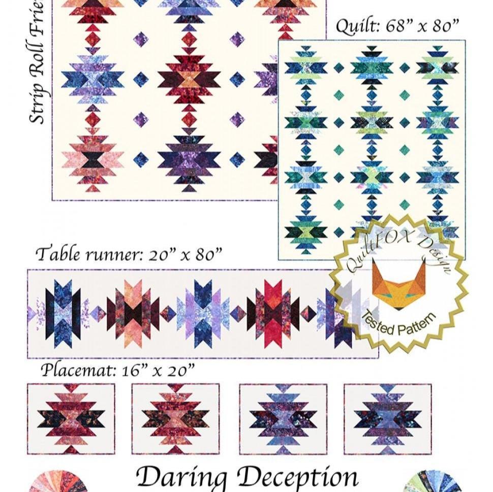 Daring Deception Quilt Pattern, QuiltFOX QFOX-309, Jelly Roll Strip Friendly Ikat Throw Runner Place Mats Quilt Pattern