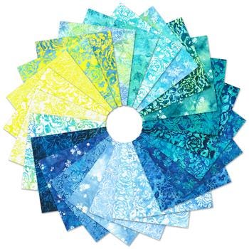 Artisan Batiks Azure Breeze Charm Squares, Robert Kaufman CHS-1248-42, 5" Precut Green Yellow Blue Floral Batik Fabric Squares