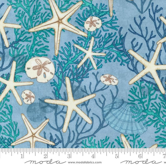 Serena Shores - Starfish Coral Sand Dollars on Blue Fabric, Moda 48771 16 Breeze, Robin Pickens, Beach Ocean Fabric, By the Yard