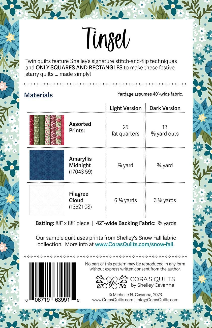 Tinsel Quilt Pattern, Cora's Quilts CQ2307, Fat Quarter FQ Friendly Star Throw Quilt Pattern, Square Snowflake Quilt Pattern