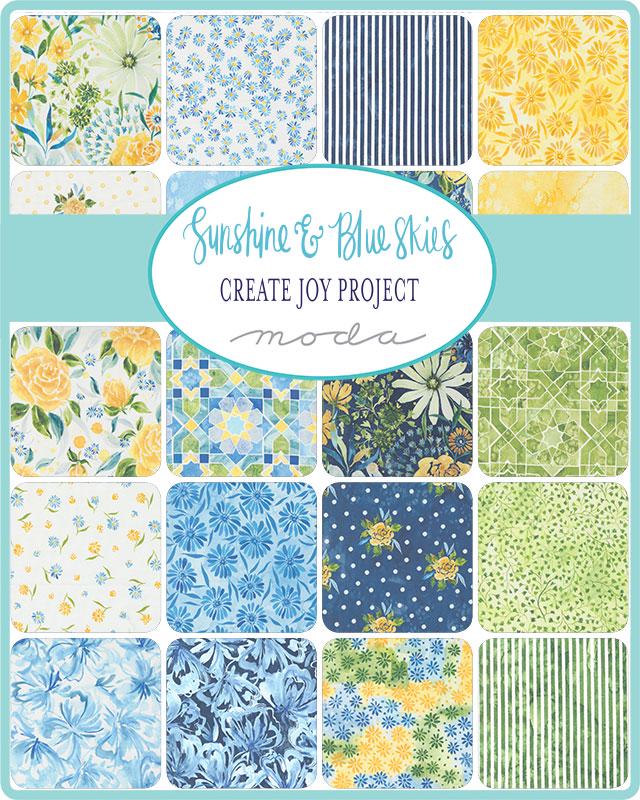 Sunshine and Blue Skies Charm Pack, Moda 39820PP, 5" Precut Watercolor Floral Blue Yellow Green Fabric Squares, Create Joy Project