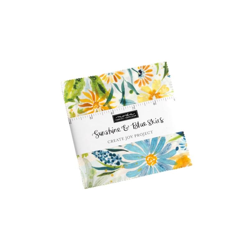 Sunshine and Blue Skies Charm Pack, Moda 39820PP, 5" Precut Watercolor Floral Blue Yellow Green Fabric Squares, Create Joy Project