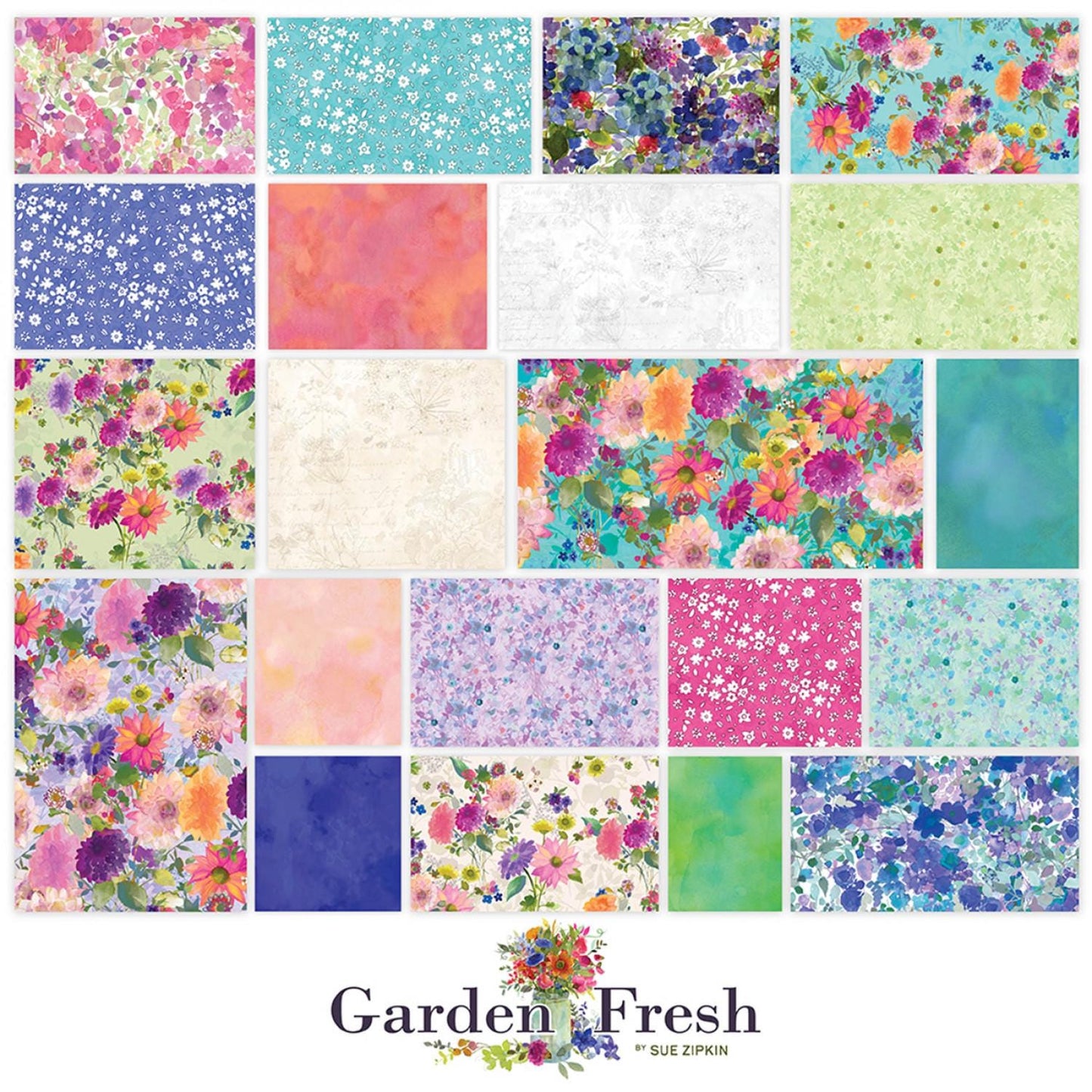 Garden Fresh 5" Squares, Clothworks SQ0481, 5" Precut Digitally Printed Floral Charm Pack Fabric Squares, Sue Zipkin