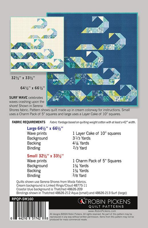 Surf Wave Quilt Pattern, Robin Pickens RPQP-SW160, Layer Cake Charm Pack Friendly Waves Quilt Pattern