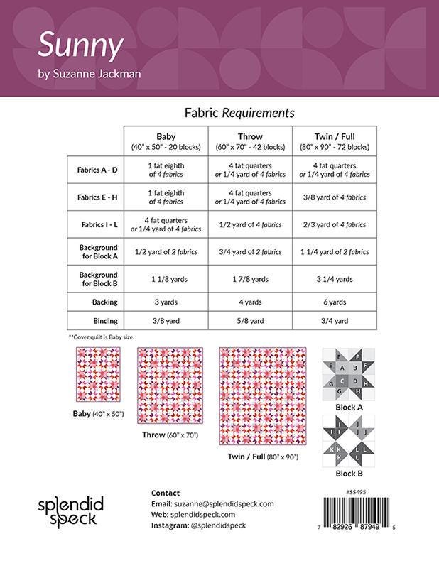 Sunny Quilt Pattern, Splendid Speck SS495, Fat Quarter FQ Yardage Friendly Baby Throw Twin Full Star Quilt Pattern, Suzanne Jackman