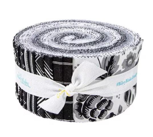 Midnight Meadow Rolie Polie, Riley Blake RP-15320-40, 2.5" Precut Black White Gray Fabric Strips, My Mind's Eye