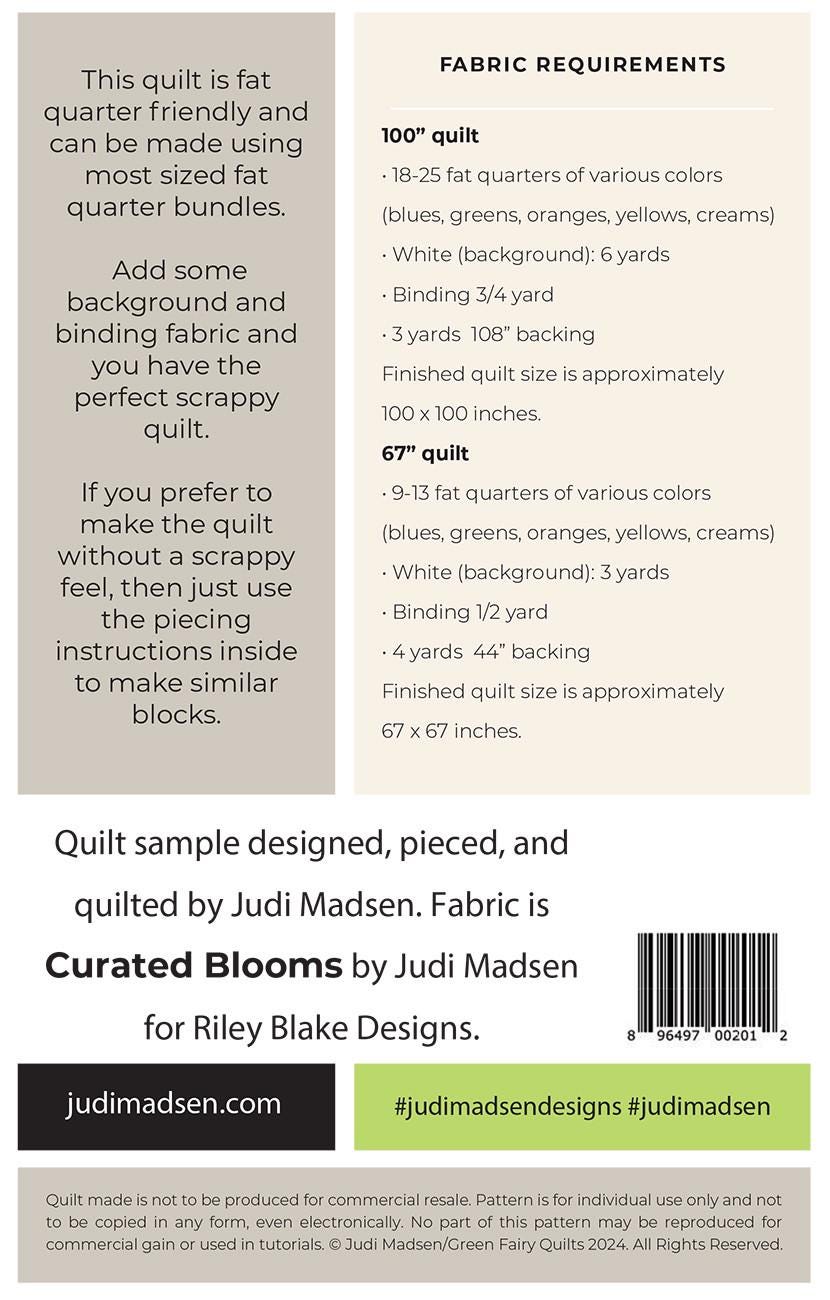 Blooms Quilt Pattern, Judi Madsen JMP116, Fat Quarter Friendly Flower Throw Quilt Pattern