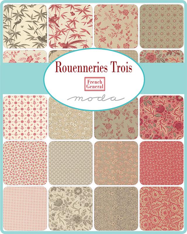 Rouenneries Trois Charm Pack, Moda 13960PP, 5" Precut Red Pink Beige Tan Cream Floral Charm Pack Fabric Squares, French General