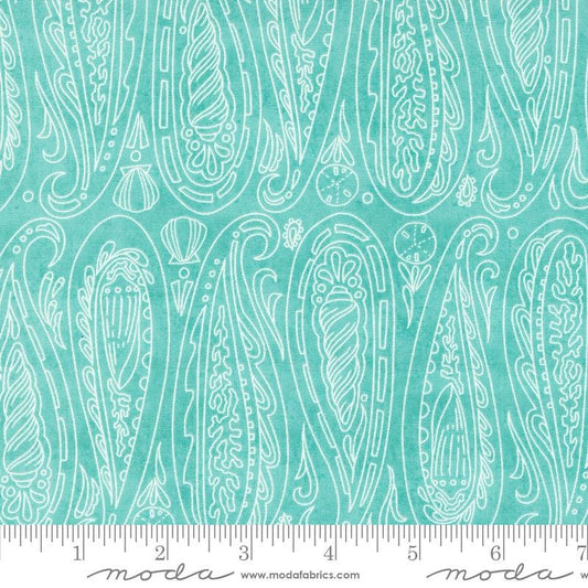 Serena Shores - Teal Paisley Beach Shells Fabric, Moda 48772 21 Aqua, Robin Pickens, Beach Ocean Blender Fabric, By the Yard