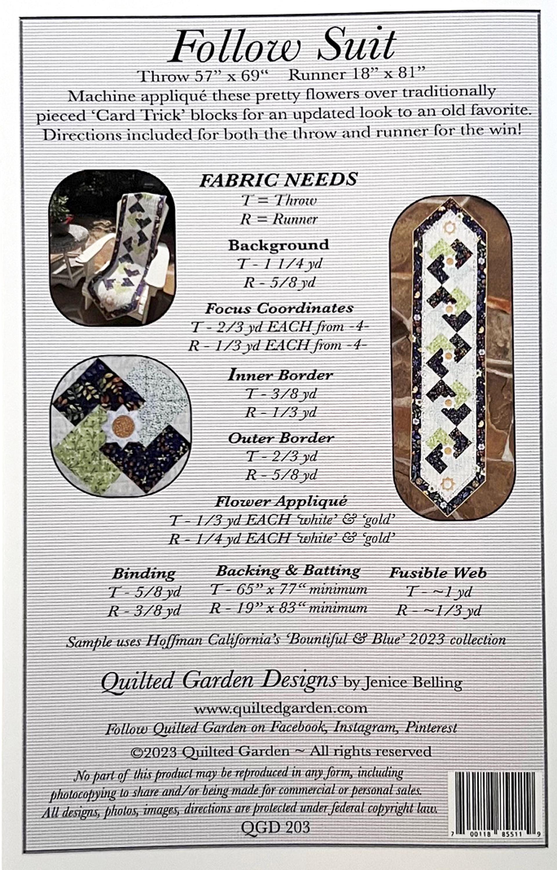 Follow Suit Table Runner and Throw Quilt Pattern, Quilted Garden Designs QGD203, Card Trick Applique Table Topper Runner Quilt Pattern