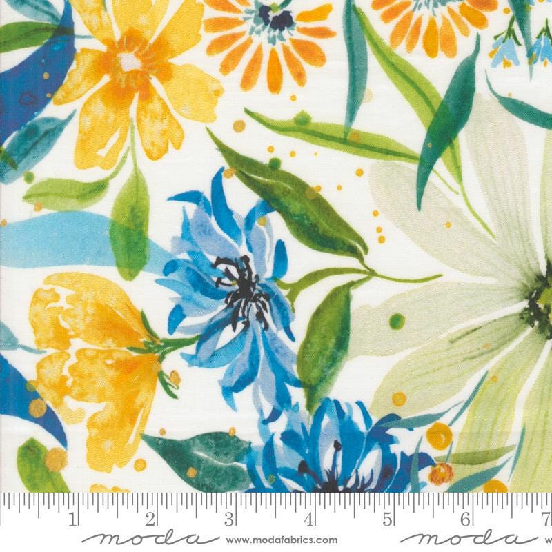 108" Sunshine Blue Skies - Blue Yellow Floral Wide Quilt Back Fabric, Moda 108020 11 Cloud, Cotton Sateen Quilt Backing Fabric, By the Yard