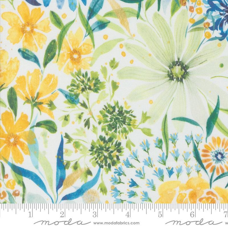 Sunshine and Blue Skies - Yellow Blue Watercolor Floral on White Fabric, Moda 39820 11 Cloud, By the Yard