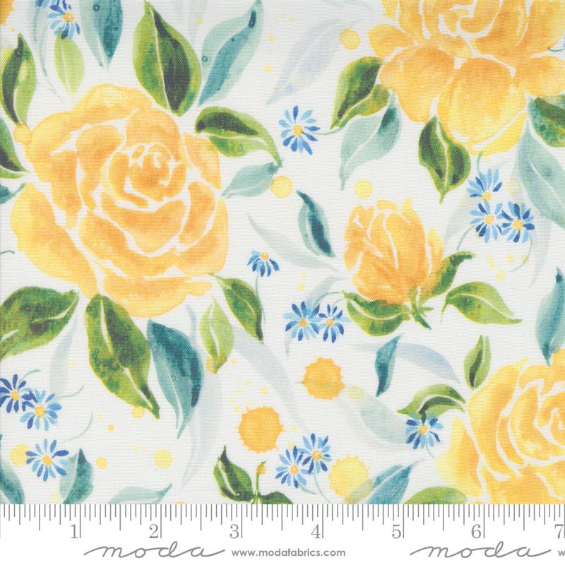 Sunshine and Blue Skies Charm Pack, Moda 39820PP, 5" Precut Watercolor Floral Blue Yellow Green Fabric Squares, Create Joy Project