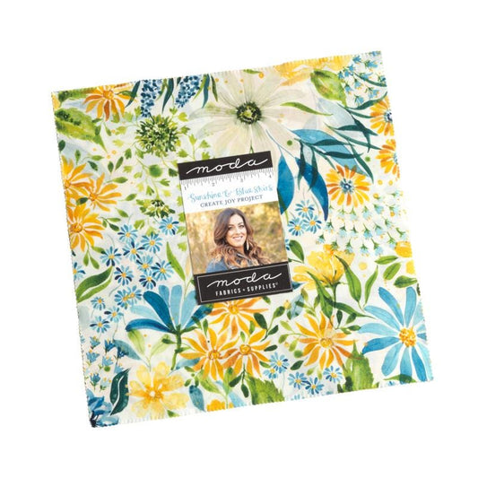 Sunshine and Blue Skies Layer Cake, Moda 39820LC, 10" Precut Blue Yellow Green Watercolor Floral Quilt Fabric Squares, Create Joy Project