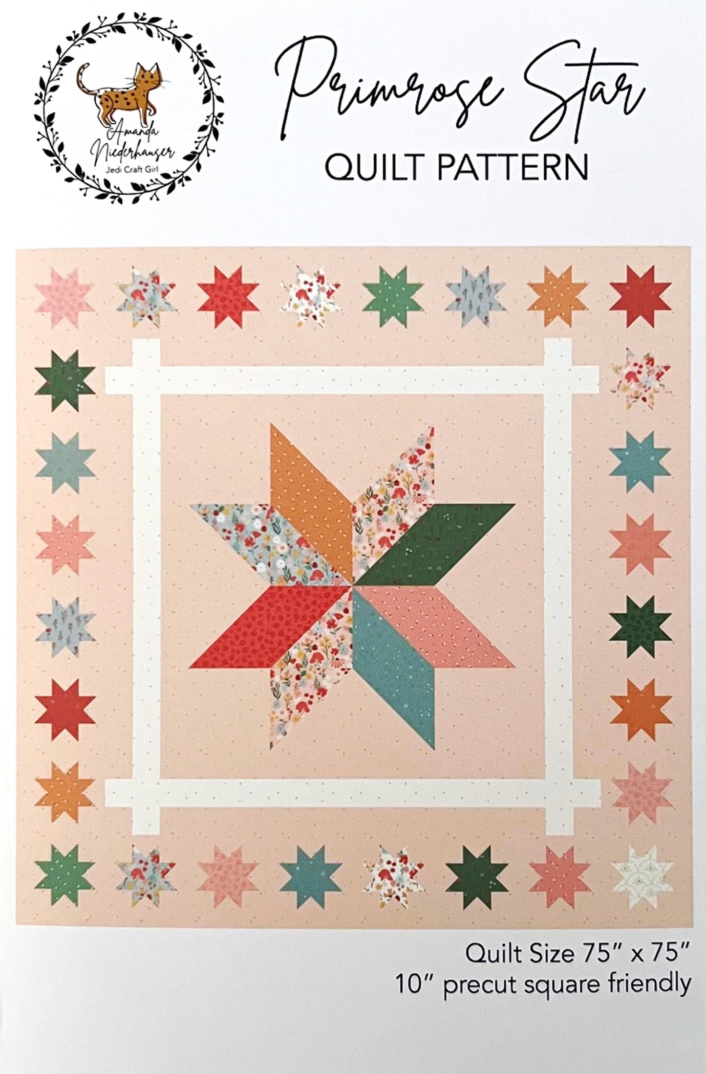 Primrose Star Quilt Pattern, Jedi Craft Girl P156-PRIMROSESTAR, Layer Cake 10" Square Friendly Star Quilt Pattern, Amanda Niederhauser