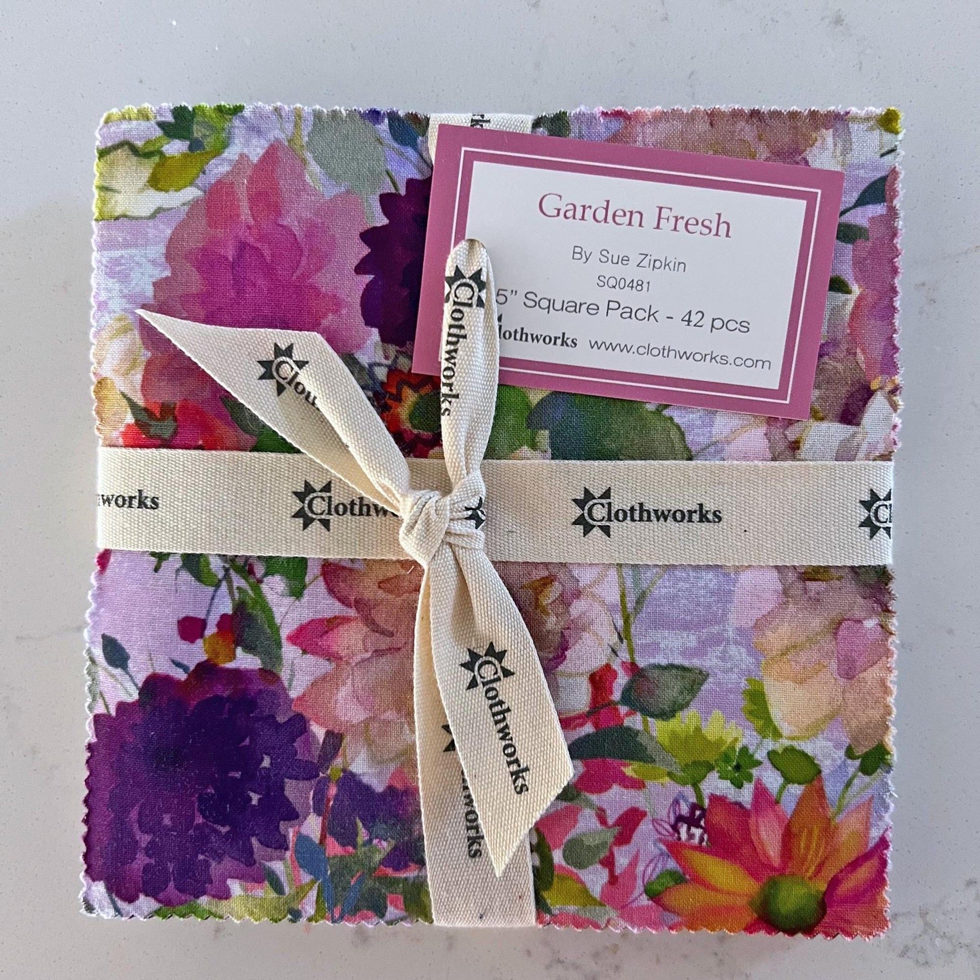 Garden Fresh 5" Squares, Clothworks SQ0481, 5" Precut Digitally Printed Floral Charm Pack Fabric Squares, Sue Zipkin