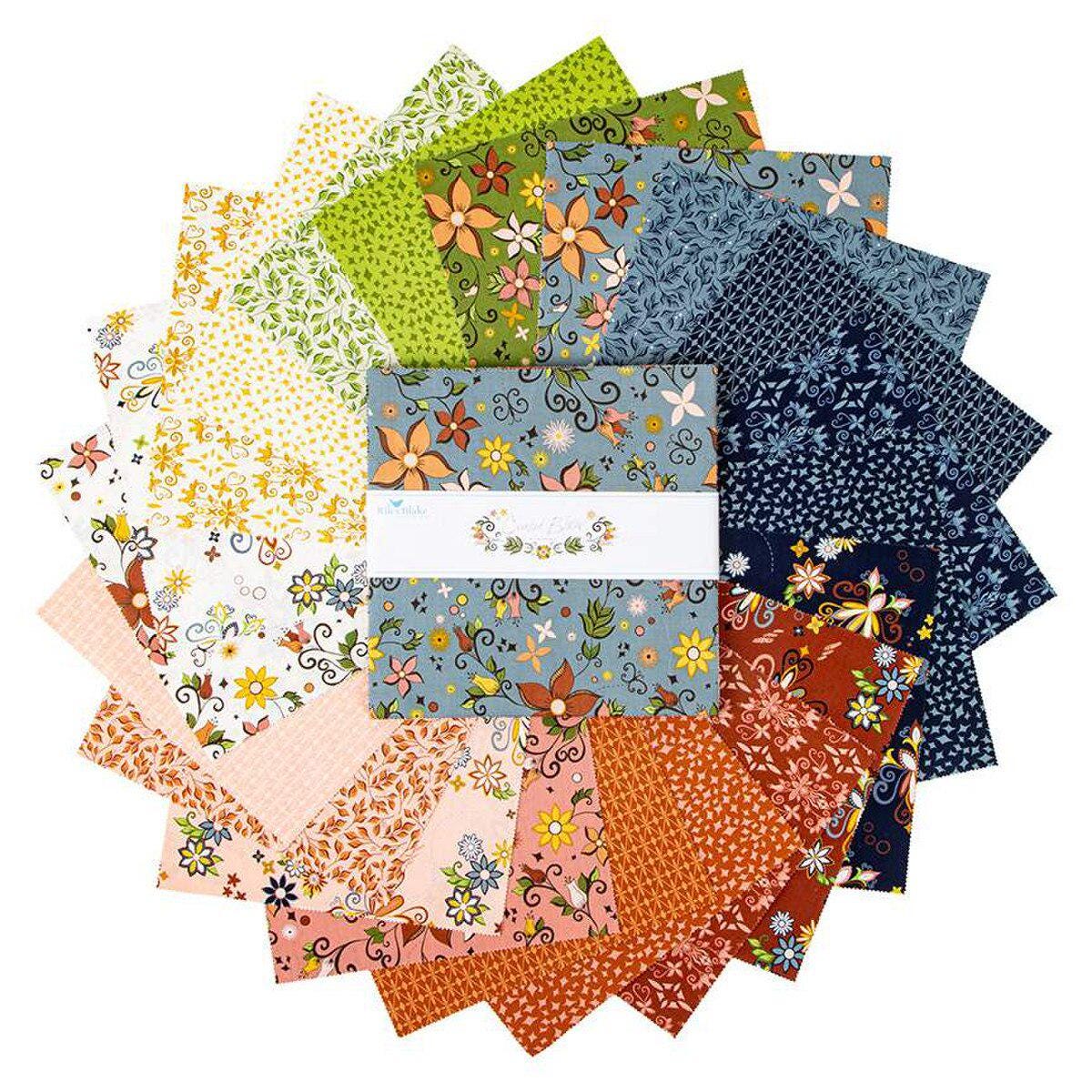 Curated Blooms 10" Stacker, Riley Blake 10-15340-42, 10" Precut Blue Green Rust Floral Quilt Fabric Squares, Judi Madsen