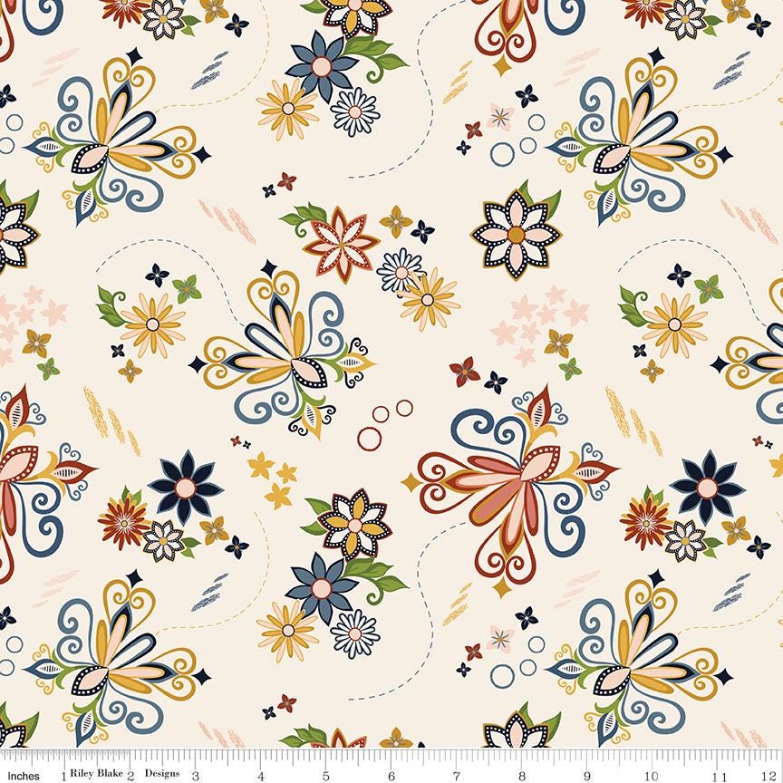 Curated Blooms 10" Stacker, Riley Blake 10-15340-42, 10" Precut Blue Green Rust Floral Quilt Fabric Squares, Judi Madsen