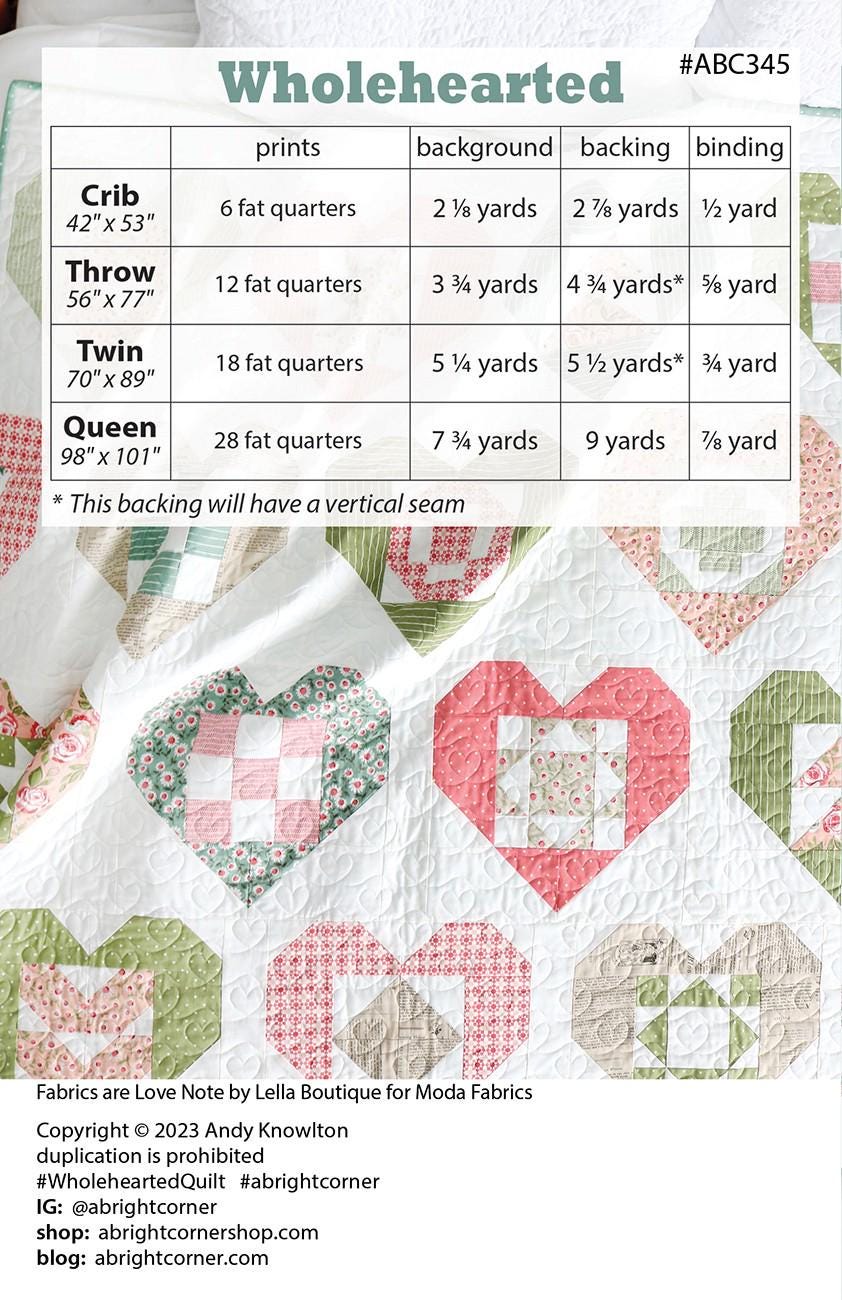 Wholehearted Sampler Quilt Pattern, A Bright Corner ABC345, Fat Quarter FQ Friendly Hearts Crib Throw Twin Queen Bed Quilt Pattern, Knowlton