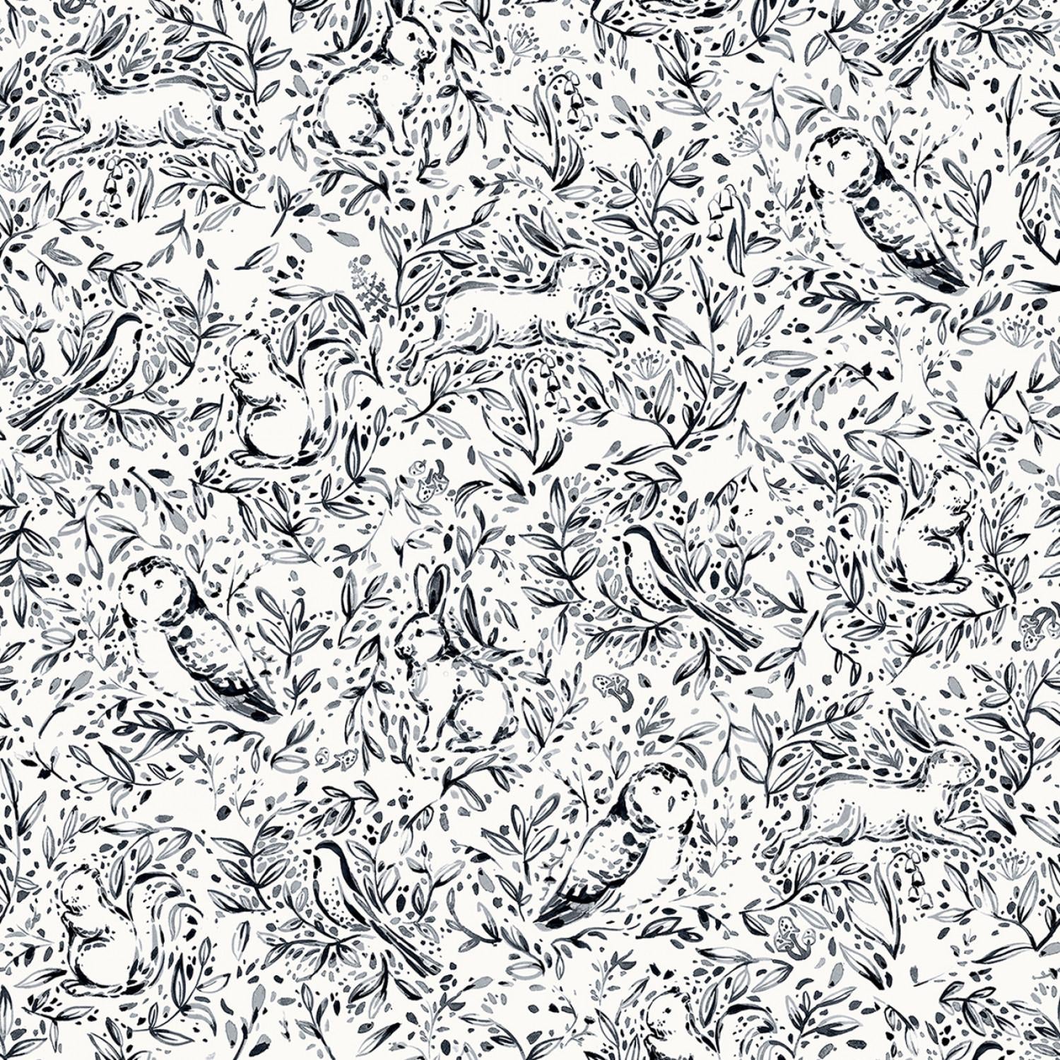 108" Forest Fauna - Black White Woodland Toile Wide Quilt Back Fabric, P & B Textiles FFAW05569-K, Wide Quilt Backing Fabric, By the Yard