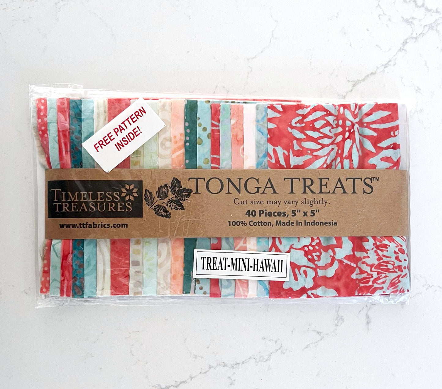 DESTASH Hawaii Batik 5" Squares, Timeless Treasures Treat-Mini Hawaii, 5" Precut Teal Coral Batik Charm Pack Fabric Squares