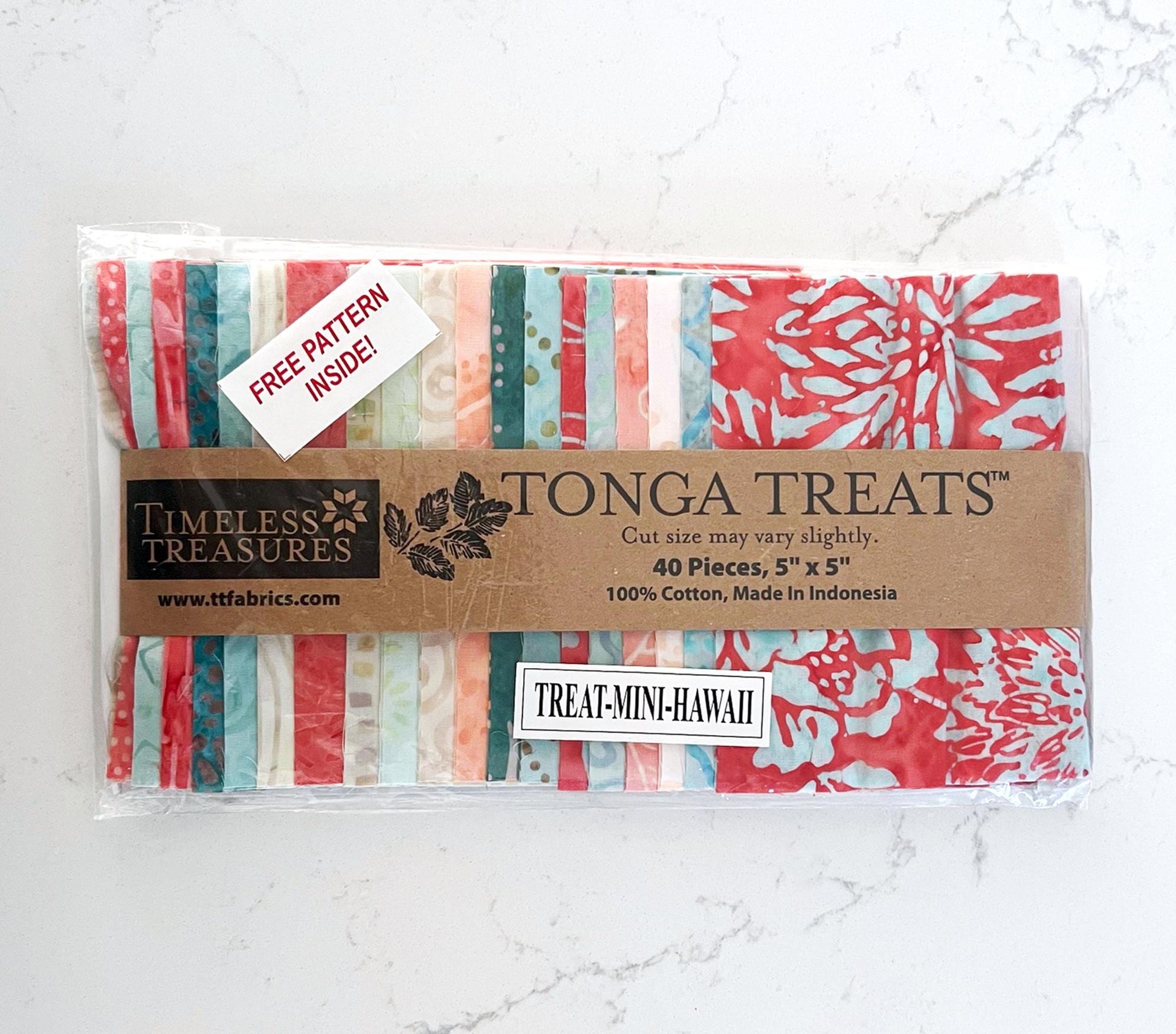 DESTASH Hawaii Batik 5" Squares, Timeless Treasures Treat-Mini Hawaii, 5" Precut Teal Coral Batik Charm Pack Fabric Squares