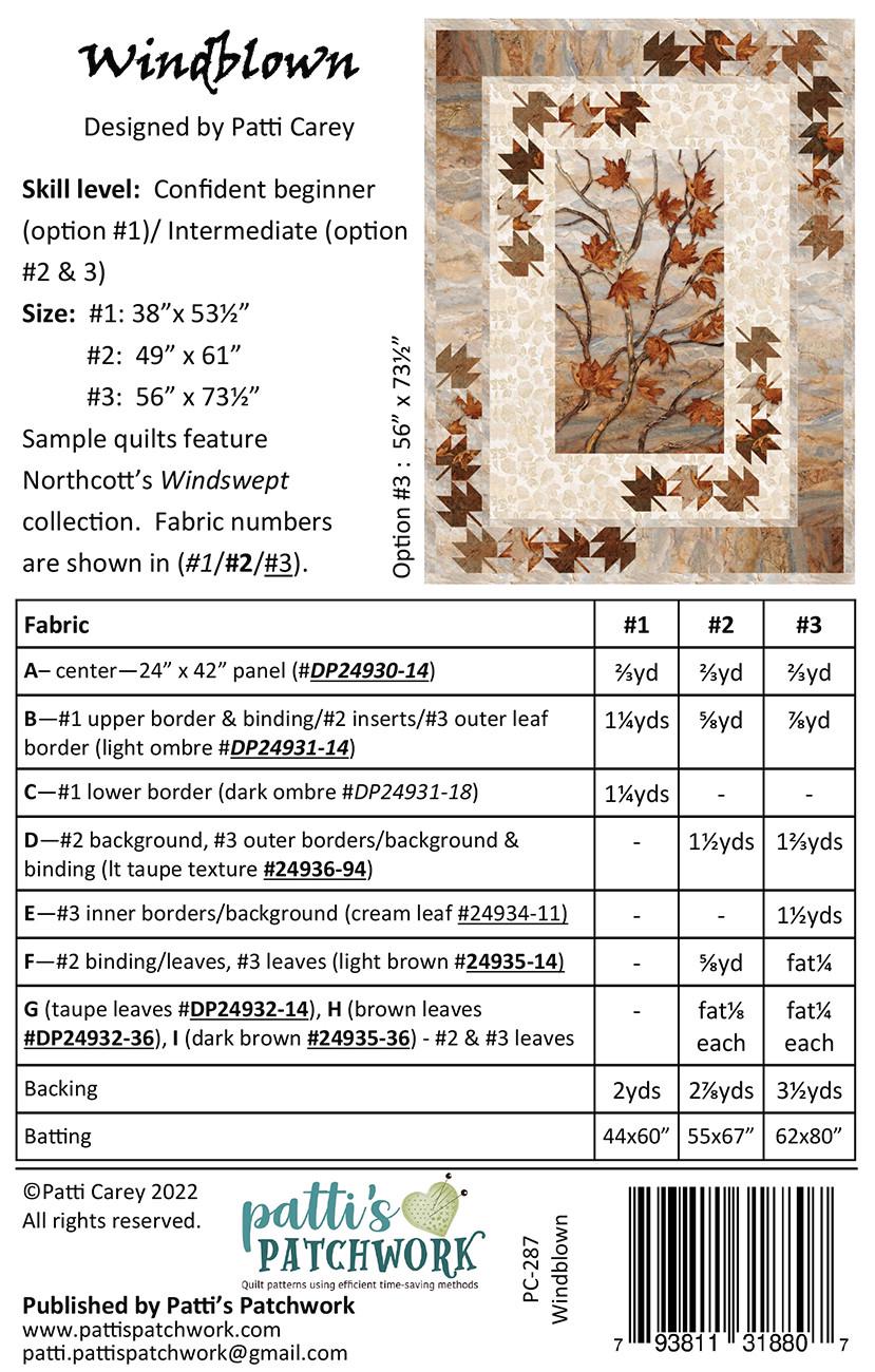 Windblown Panel Frame Quilt Pattern, Patti's Patchwork PC287 PTN3002, Vertical Fabric Panel Friendly Autumn Fall Leaves Throw Quilt Pattern