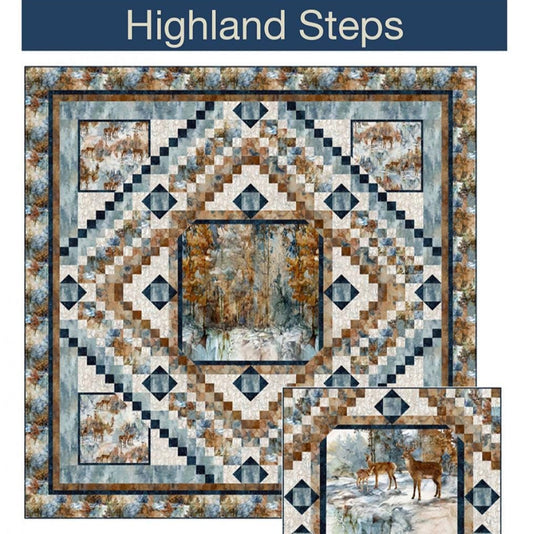 Highland Steps Quilt Pattern, Pine Tree Country Quilts PTN3381, Scenic Landscape Fabric or Panel Friendly Throw or Wall Quilt Pattern