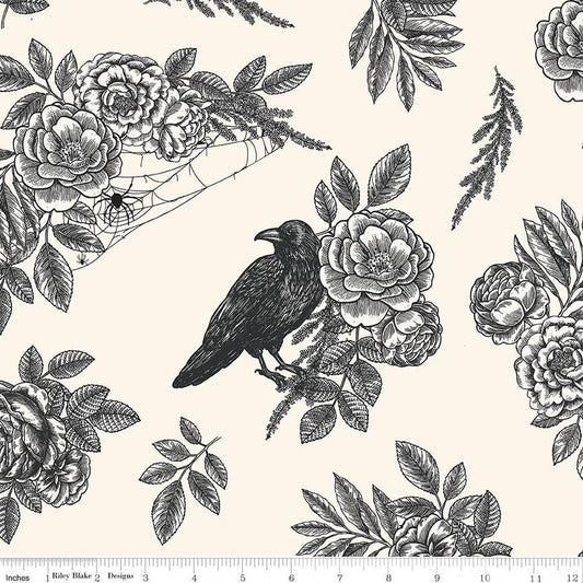 108" Sophisticated Halloween - Black Crows Flowers on Cream Wide Quilt Back Fabric, Riley Blake WB14628-Cream, My Mind's Eye, By the Yard