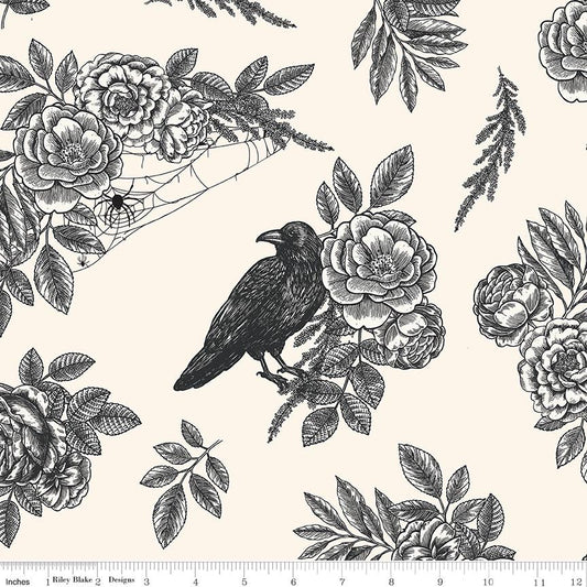 REMNANT 2 Yards 8" of 108" Sophisticated Halloween - Black Crows Flowers on Cream Wide Quilt Back Fabric, Riley Blake WB14628-Cream