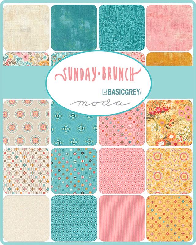 Sunday Brunch Charm Pack, Moda 30750PP, 5" Precut Pink Yellow Teal Floral Charm Pack Fabric Squares, BasicGrey