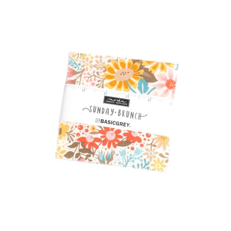 Sunday Brunch Charm Pack, Moda 30750PP, 5" Precut Pink Yellow Teal Floral Charm Pack Fabric Squares, BasicGrey