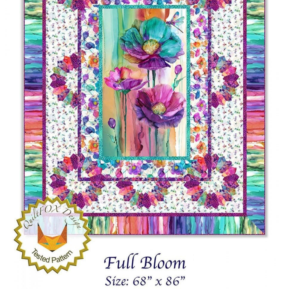 Full Bloom Panel Frame Quilt Pattern, QuiltFox Design QFOX311 PTN3354, 24" Fabric Panel Friendly Dresden Plate Throw Quilt Pattern