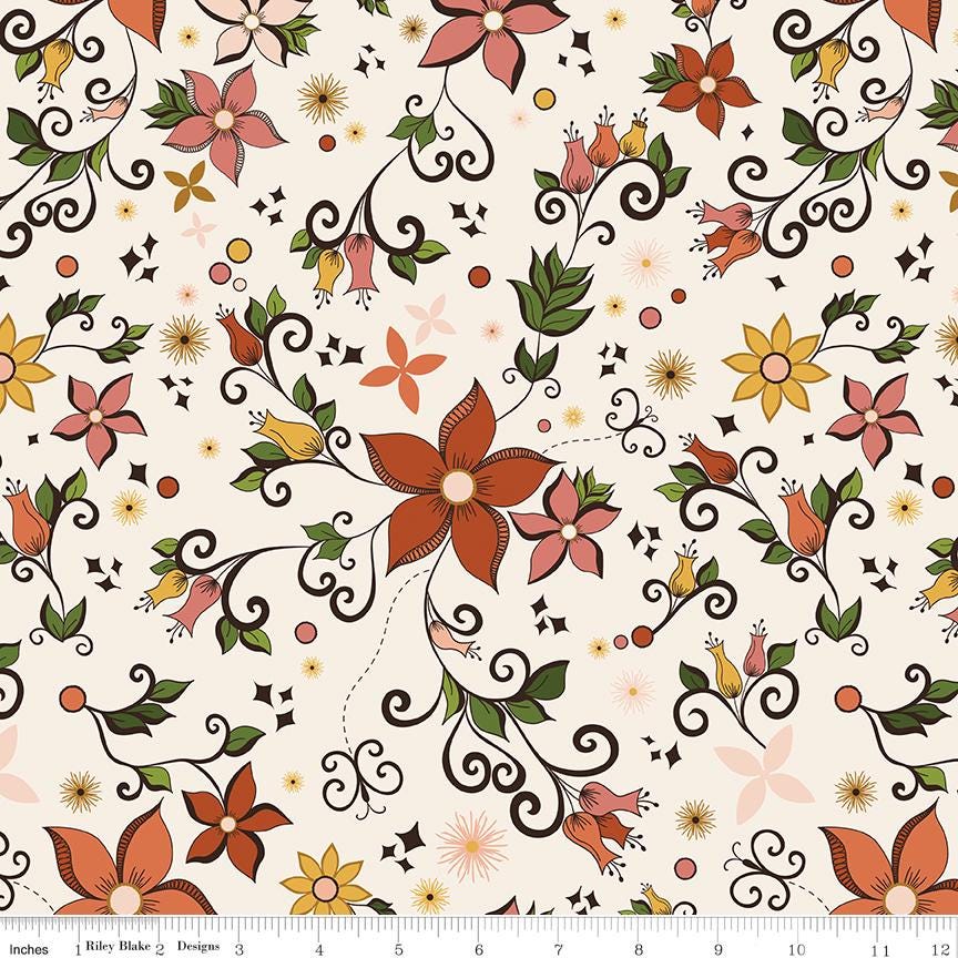 Curated Blooms 10" Stacker, Riley Blake 10-15340-42, 10" Precut Blue Green Rust Floral Quilt Fabric Squares, Judi Madsen